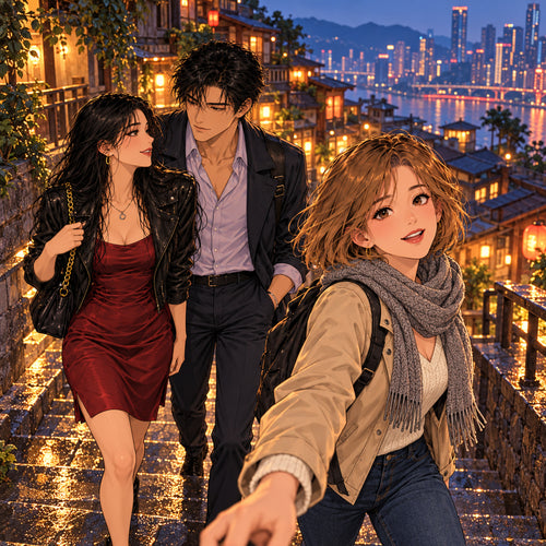 Anna, Lin i Kai na nocnym nabrzeżu w Chongqing